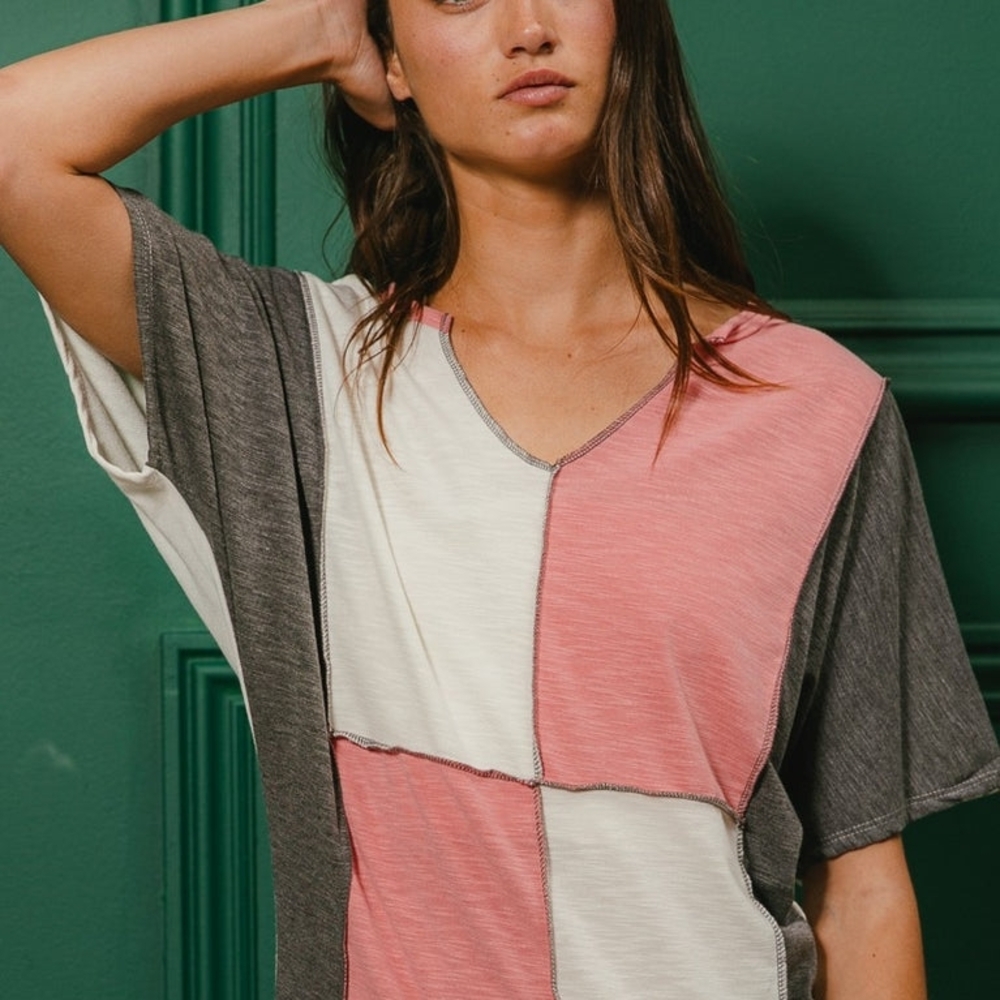 BiBi Patchwork V-Neck Top - Pink, Gray, White